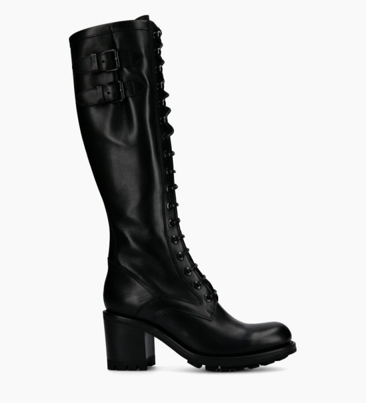 Lace up Biker high boot with buckle - Justy 7 - Smooth leather - Black